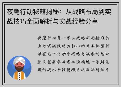 夜鹰行动秘籍揭秘:从战略布局到实战技巧全面解析与实战经验分享
